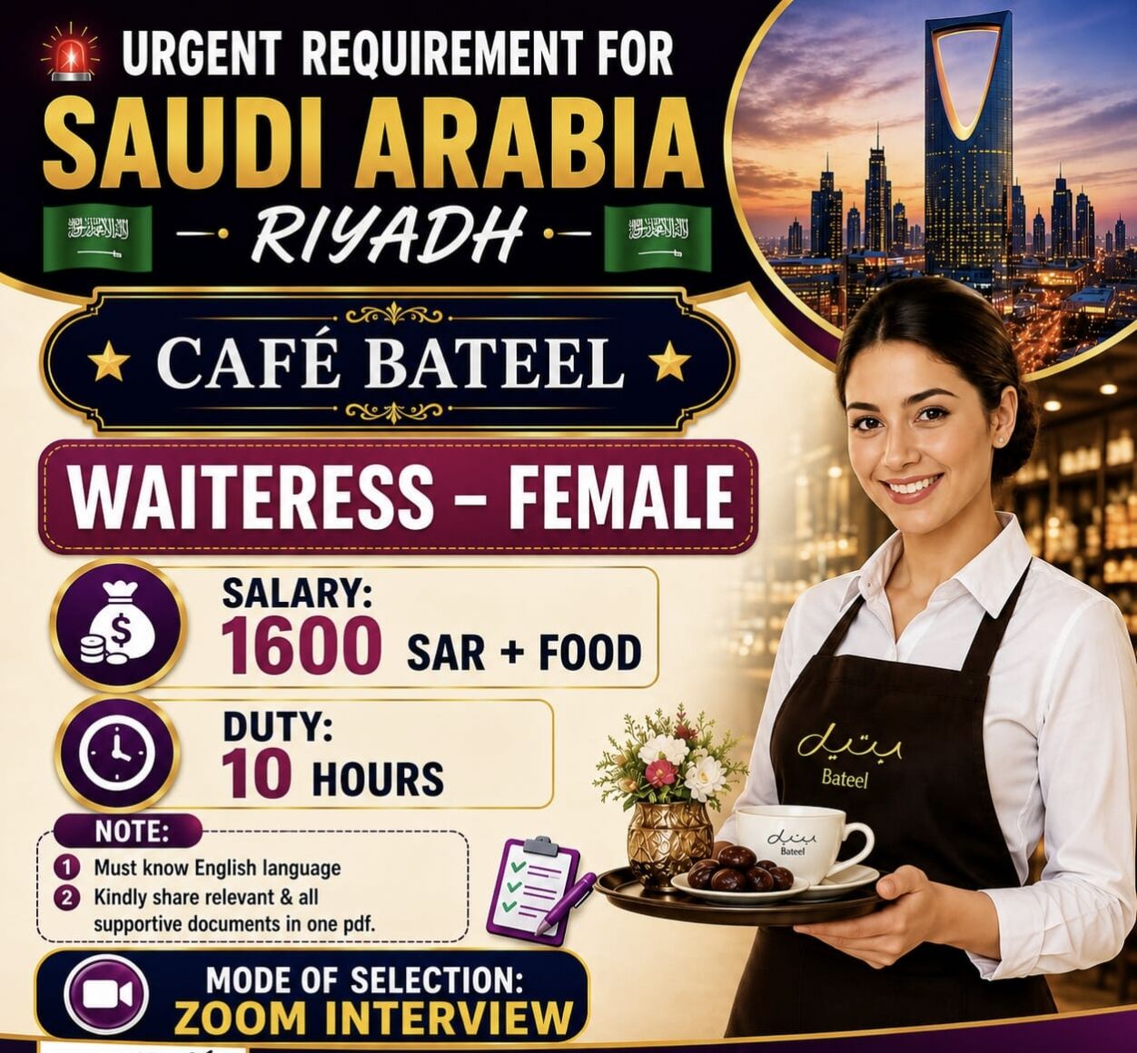 Hyderabad, Jobs, Required Female Waiters For Riyadh