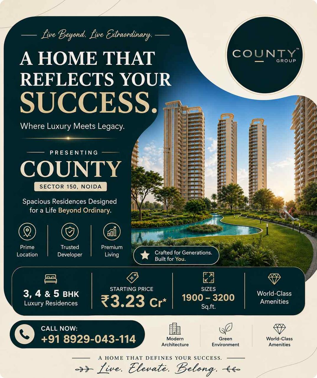 Noida, Apartments, Flats, Houses & Villas, INR 32300000/year,  3 BR,  1900 Sq. Feet,  County Sector 150 Noida Price List | Brochure | RERA | Floor Plan