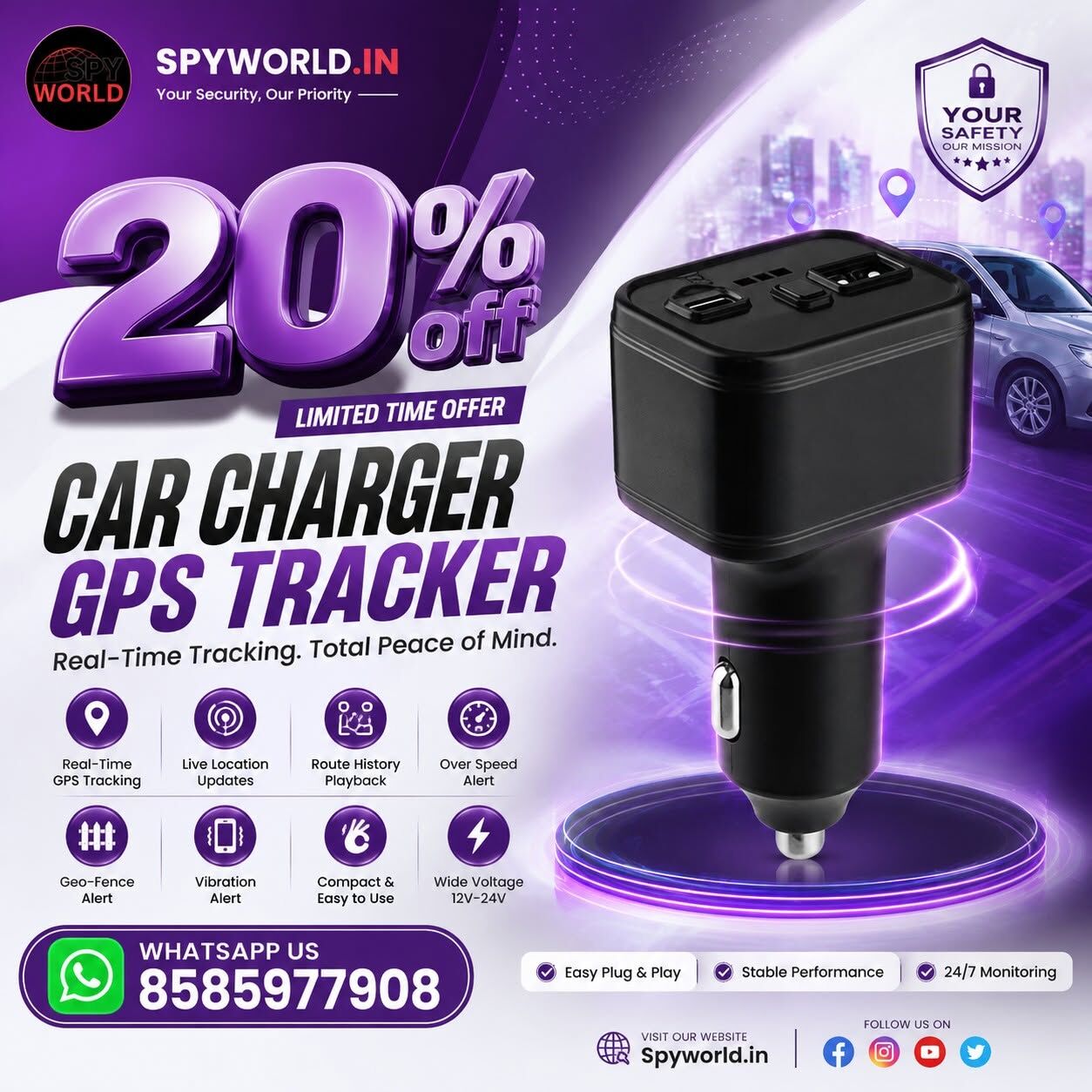 Mumbai, Electronics, INR 6499,  Car Charger GPS Tracker In Mumbai By Spy World