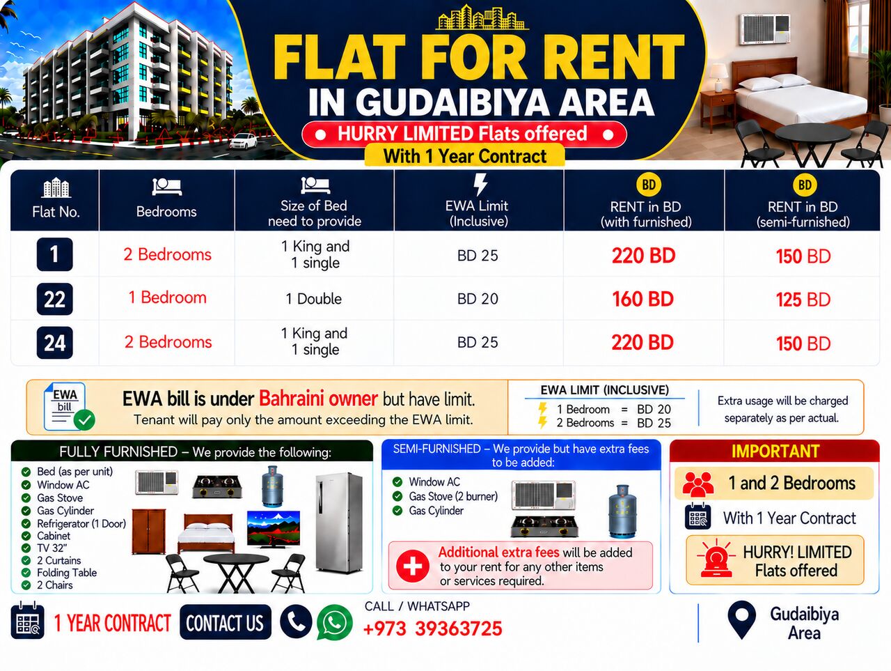 Gudaibiya, Apartments, Flats, Houses & Villas, BHD 150/month,  2 BR,  1 & 2 Bedrooms In Gudaibiya Near Almanai