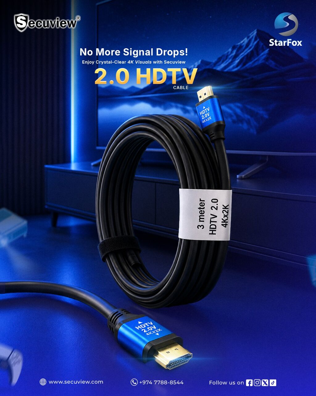 Doha, Electronics, QAR 19,  Secuview 2.0 HDTV Cable Durable 3M High-Speed Connectivity.