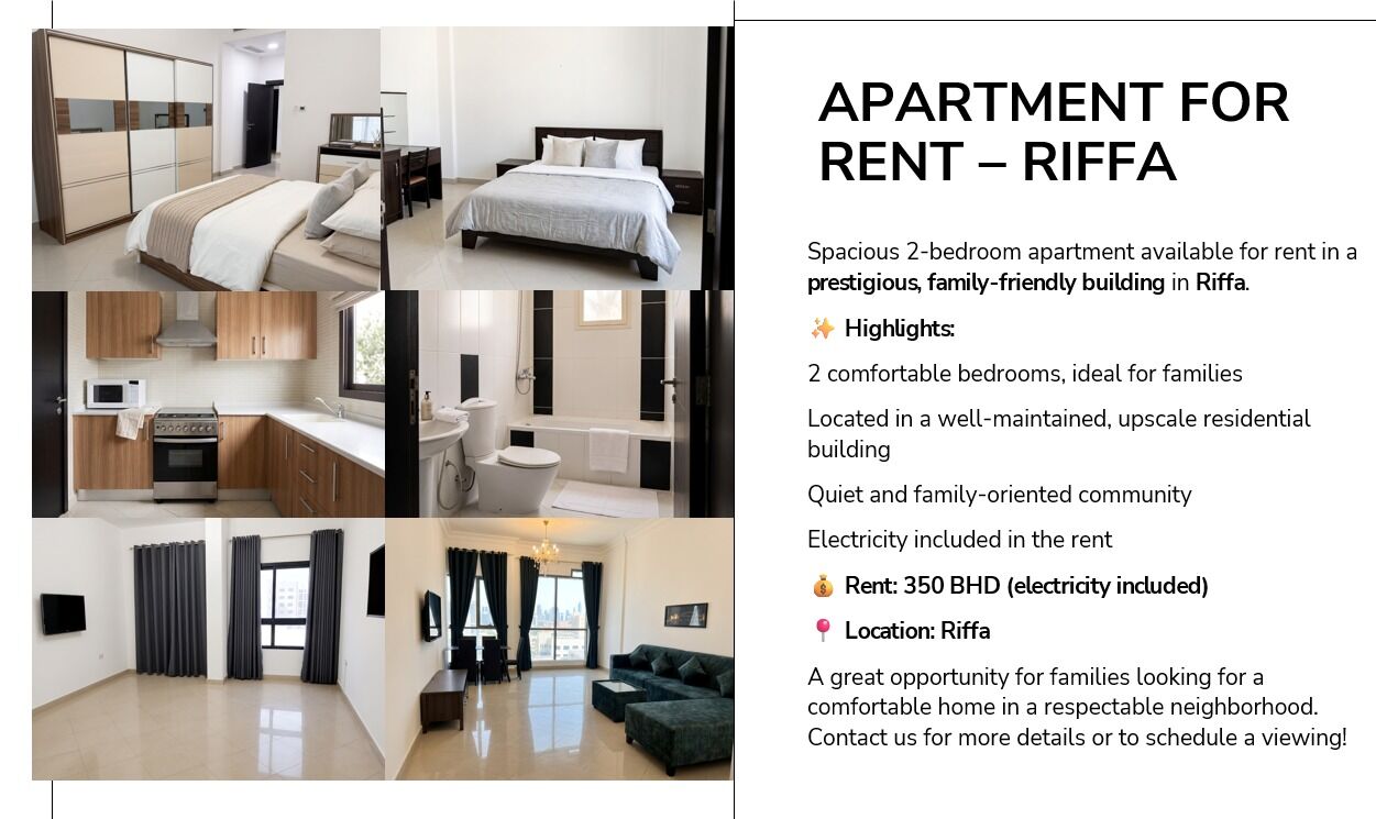Riffa, Apartments, Flats, Houses & Villas, BHD 240/month,  Furnished,  2 BR,  100 Sq. Meter,  2 BHK Apartment For Rent &ndash; Riffa