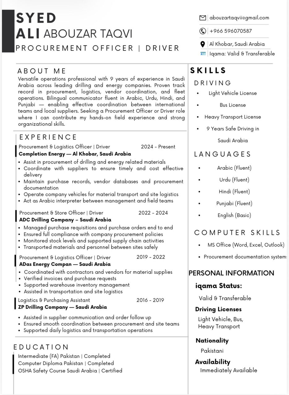 Abqaiq, Job Seekers, Procurement