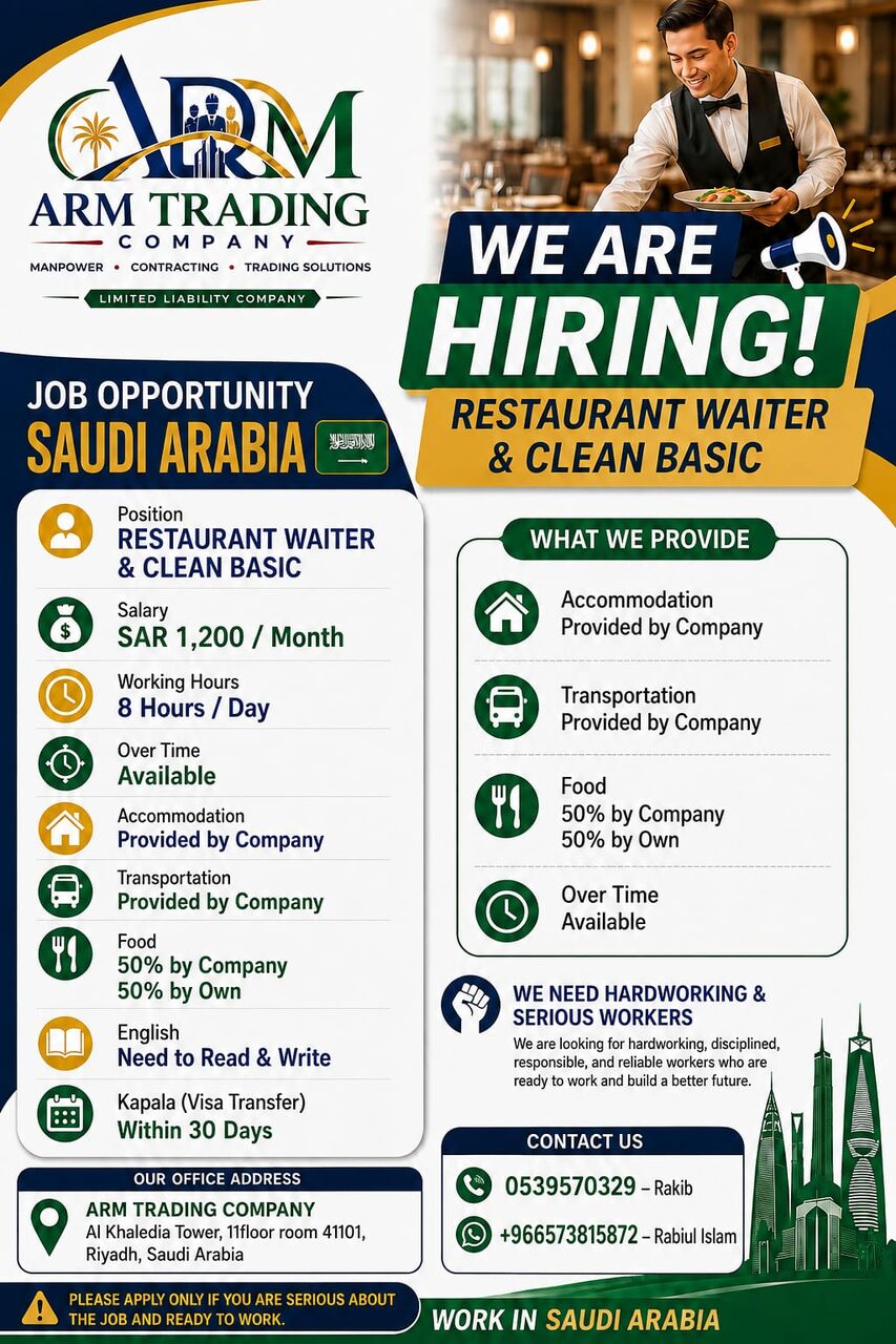 Riyadh, Jobs, Restaurant Waiter And Cleaner