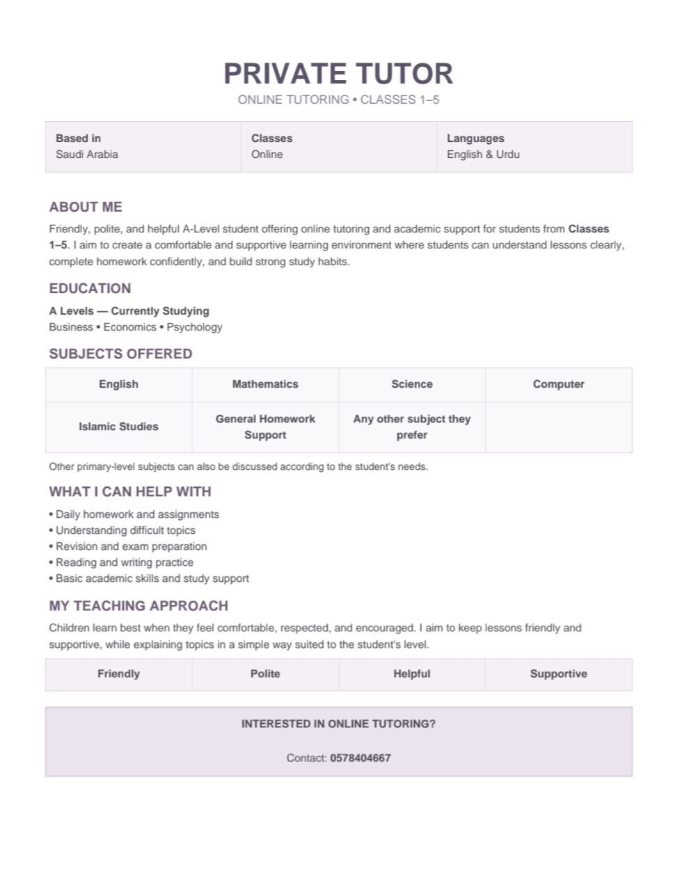 Al Ula, Lessons Offered, Online Tutoring