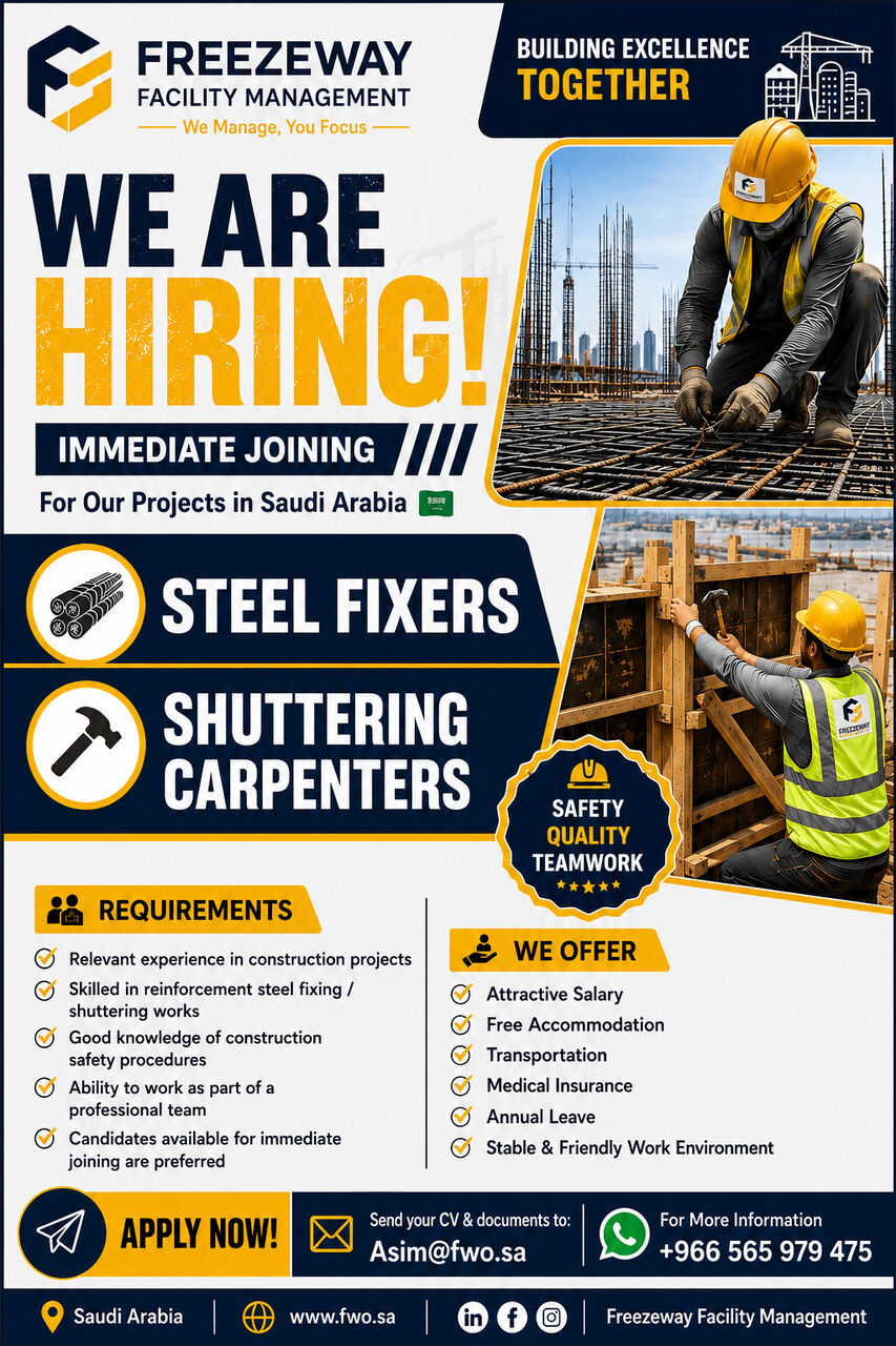 Riyadh, Jobs, Steel Fixers (100 )  And Shuttring Carpenter