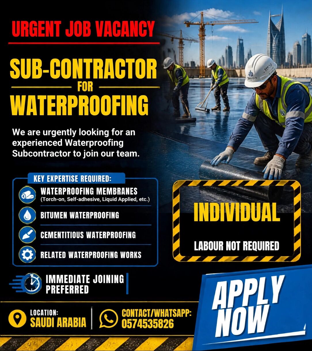 Riyadh, Jobs, 📢 URGENT REQUIREMENT – WATERPROOFING SUB-CONTRACTOR