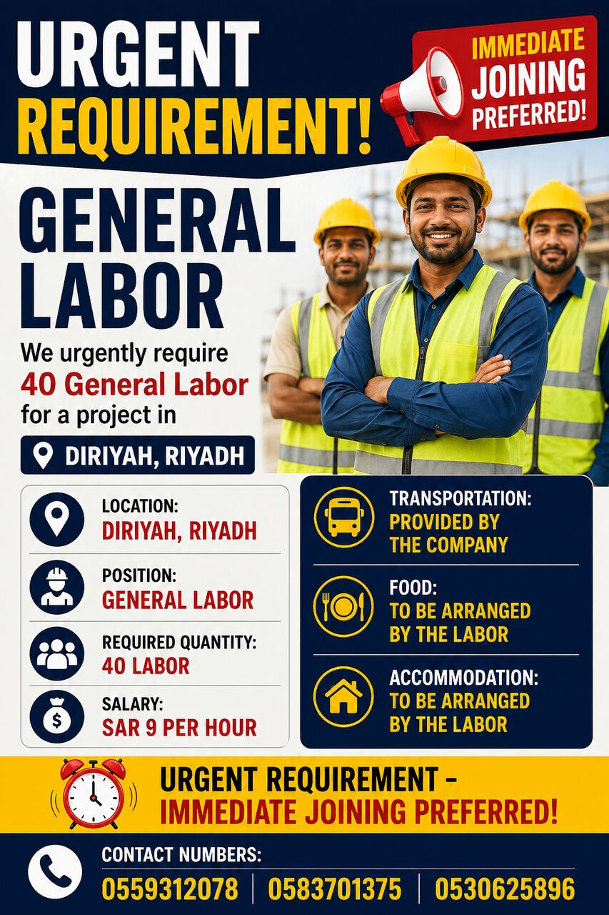 Riyadh, Jobs, 40 Labors Bangladeshi Required