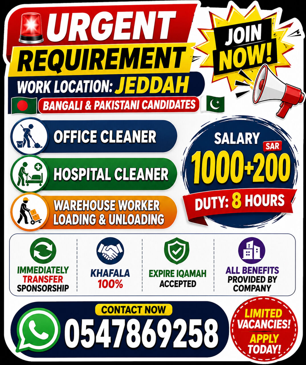 Jeddah, Jobs, 🚨 URGENT REQUIREMENT – JEDDAH 🚨  📍 Work Location: Jeddah 🇧🇩 Bangladeshi & Pakistani C