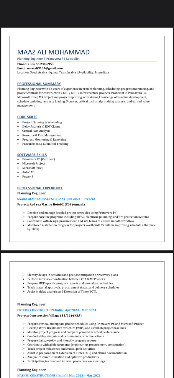 Riyadh, Job Seekers, Planning Engineer | Primavera P6 | Project Planning & Scheduling