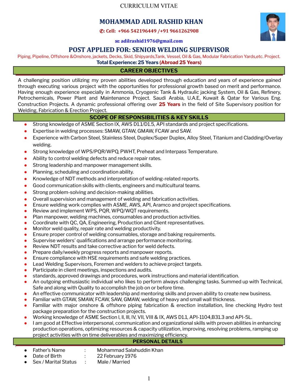 Jubail, Job Seekers, Senior Welding Supervisor Or Superintendent