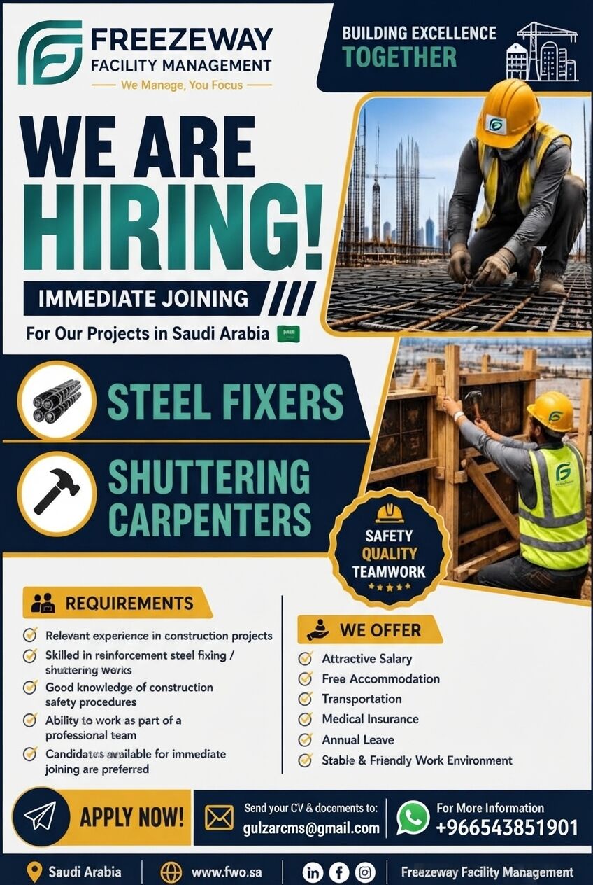 Riyadh, Jobs, Steel Fixers & Shuttering Carpenters &ndash; Saudi Arabia | Immediate Joining