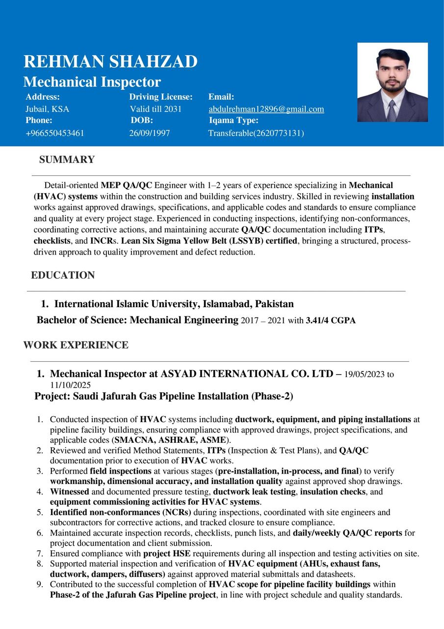 Riyadh, Job Seekers, Mechanical Engineer