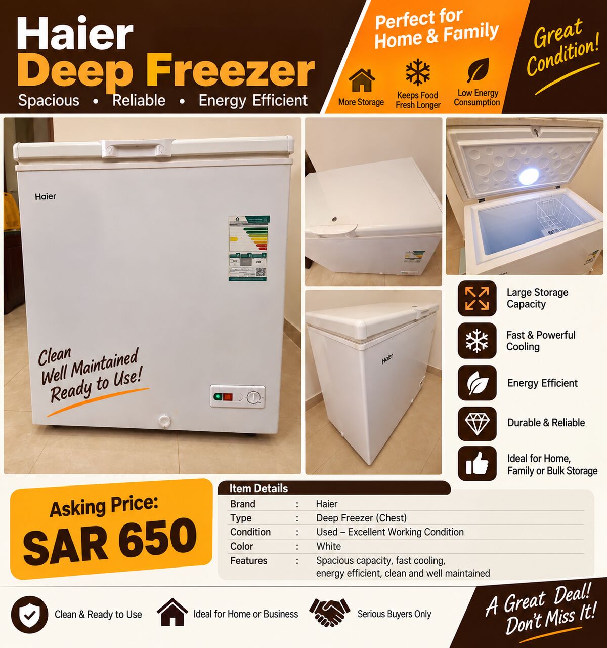 Khobar, Appliances, SAR 650,  Haier Deep Freezer For Sale &ndash; Excellent Working Condition &ndash; SAR 650