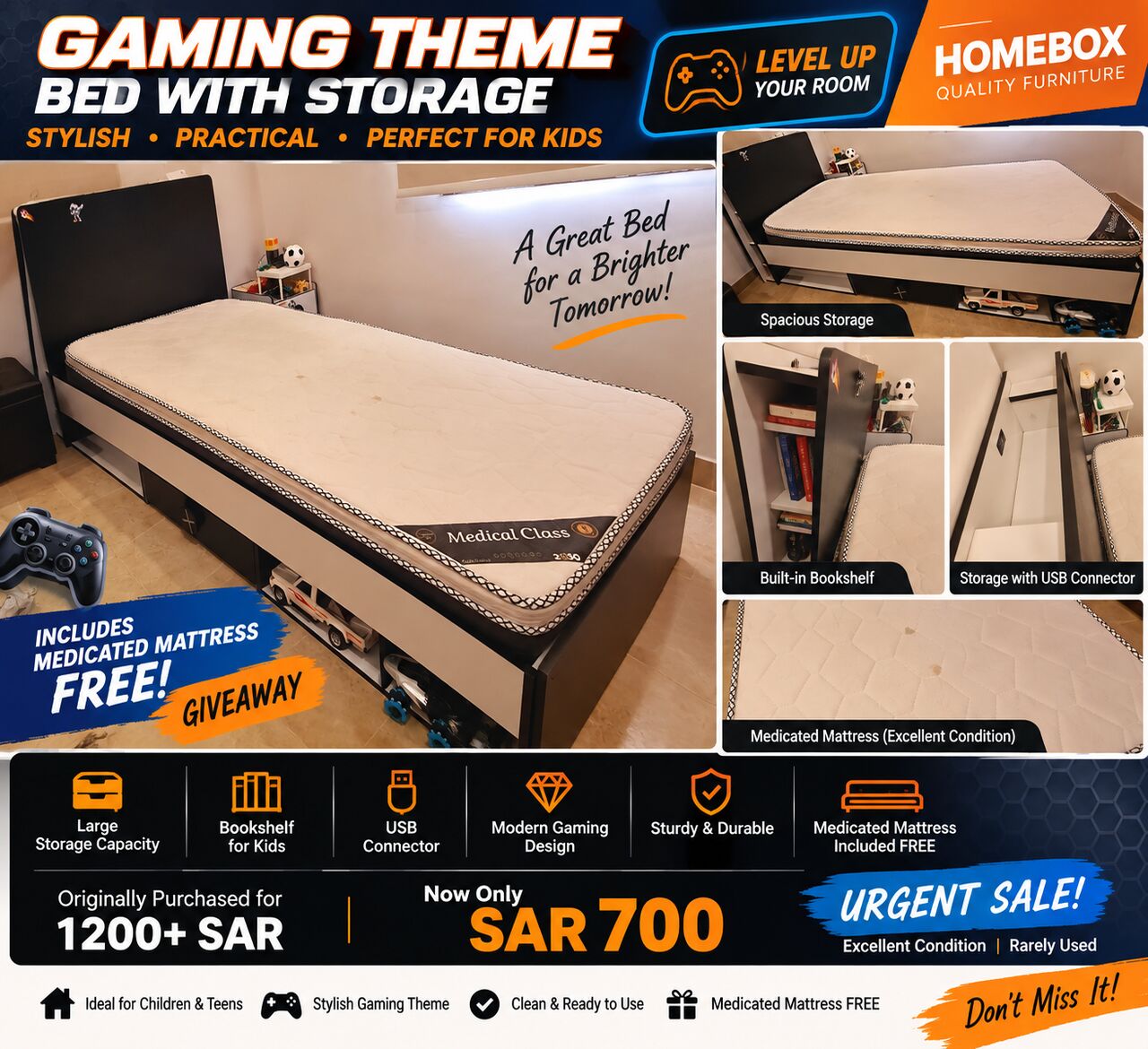 Dammam, Furniture, SAR 700,  HomeBox Gaming Theme Kids Bed With Storage + FREE Mattress &ndash; SAR 700