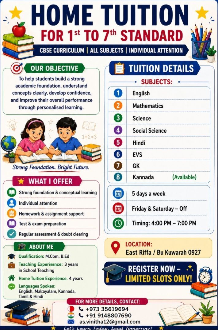 East Riffa, Lessons Offered, Home Tuition Available