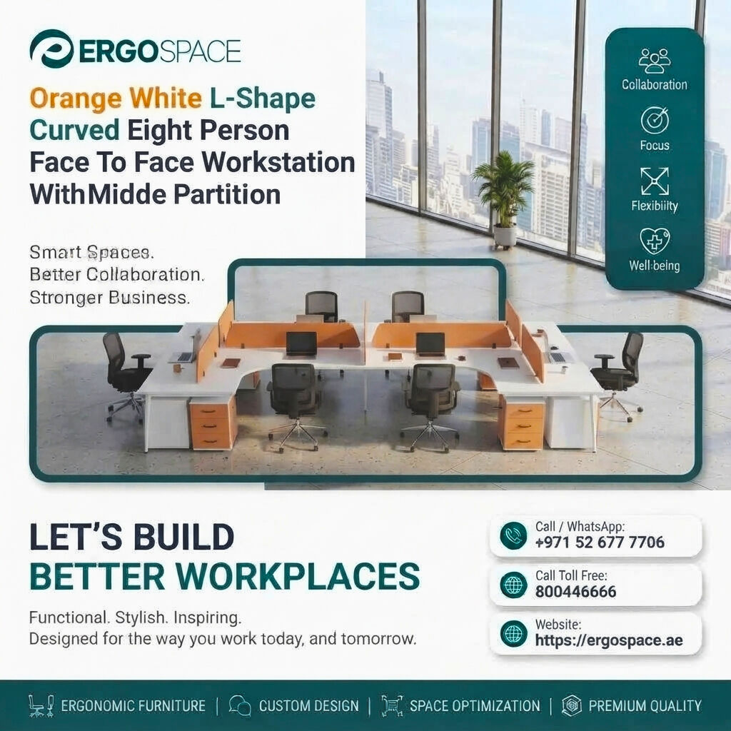 Dubai, Furniture, AED 10000,  Orange White L-Shape Curved Eight Person Face-To-Face Workstation With Middle Partition