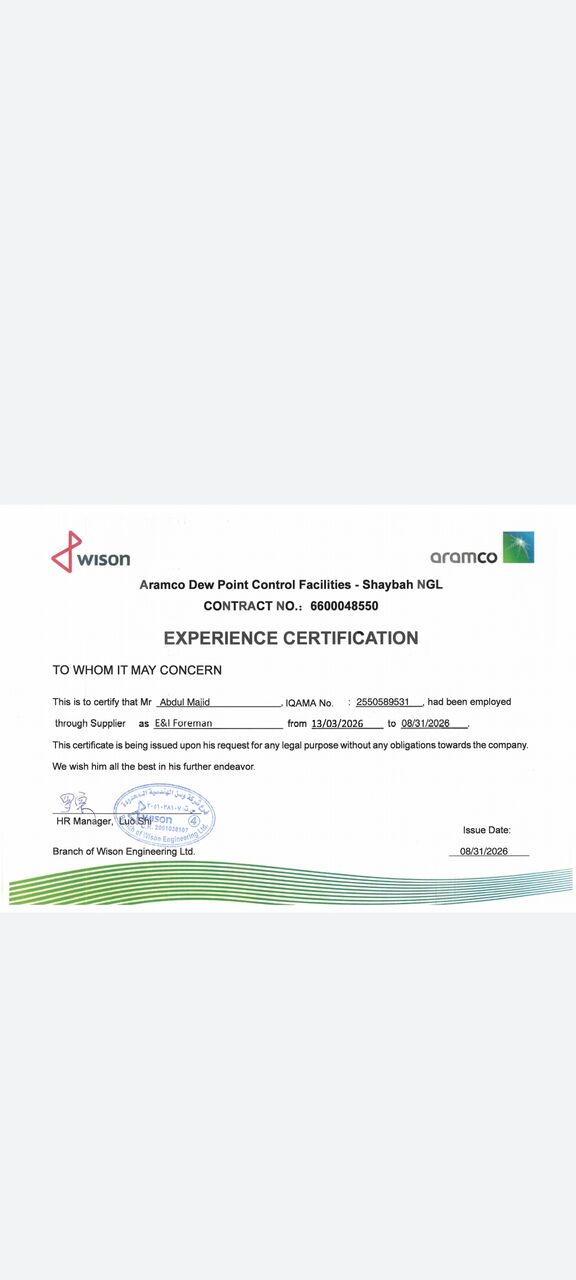 Jubail, Job Seekers, E&I Foreman