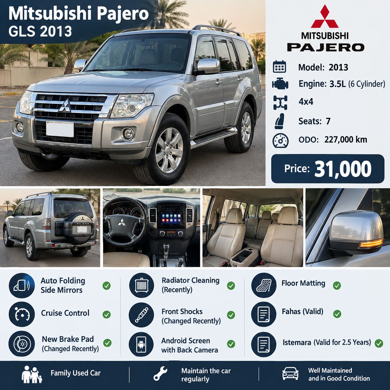 Riyadh, Vehicles, Cars & Trucks , SAR 31000,  Mitsubishi Pajero 4x4 V6,  2013,  Automatic,  227000 KM,  Very Well Maintained