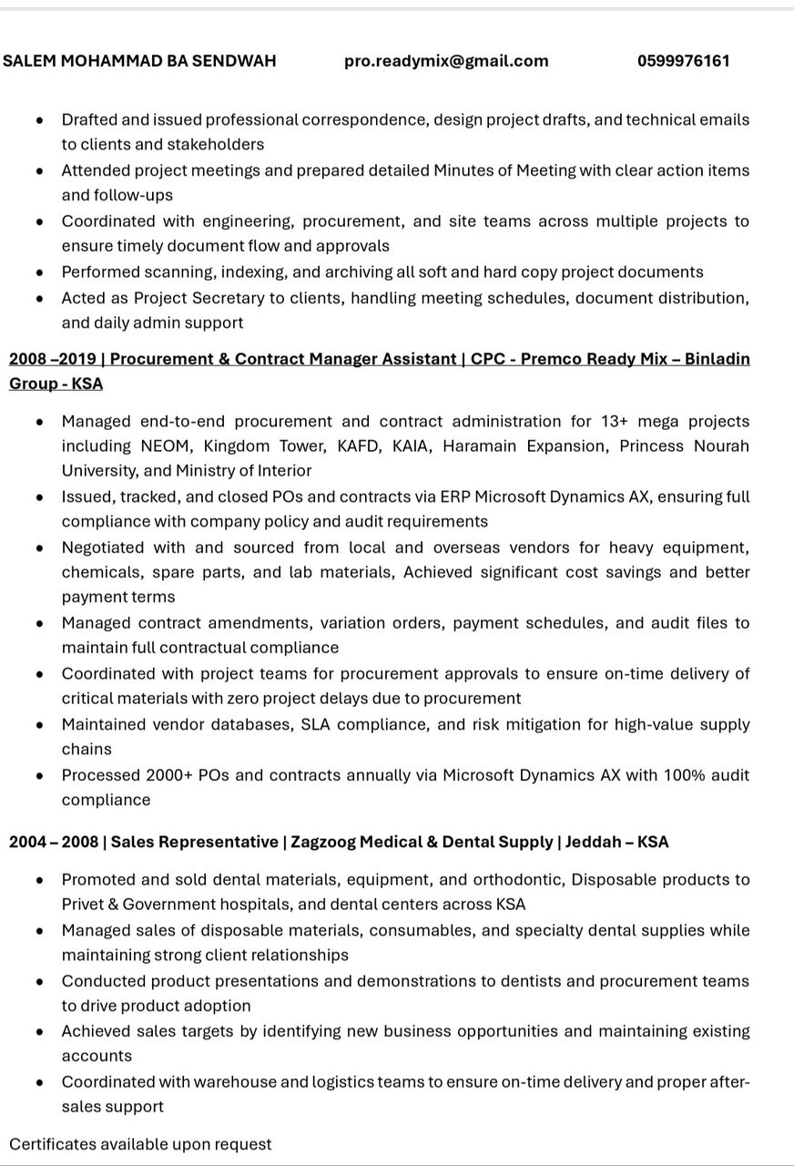 Jeddah, Job Seekers, PROCUREMENT AND DOCUMENT CONTROLLER
