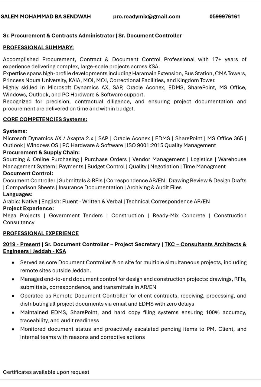 Jeddah, Job Seekers, PROCUREMENT AND DOCUMENT CONTROLLER