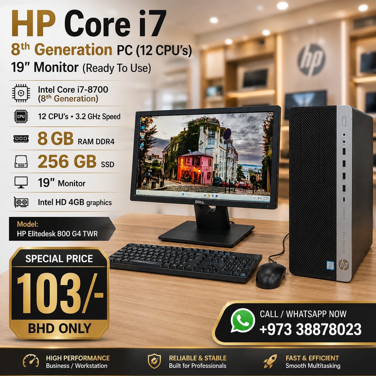 Manama, Tablet Computers, BHD 103,  HP Core I7 8th Gen PC 3.2GHz (12CPUs) RAM 8GB SSD 256GB 19" Monitor Ready To Use