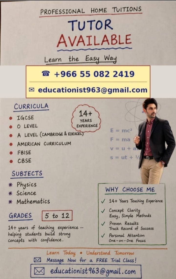 Riyadh, Lessons Offered, Tutor Available  Physics,  Mathematics And Science