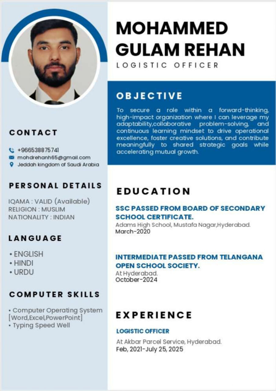 Jeddah, Job Seekers, Looking For A Job As Logistic Officer