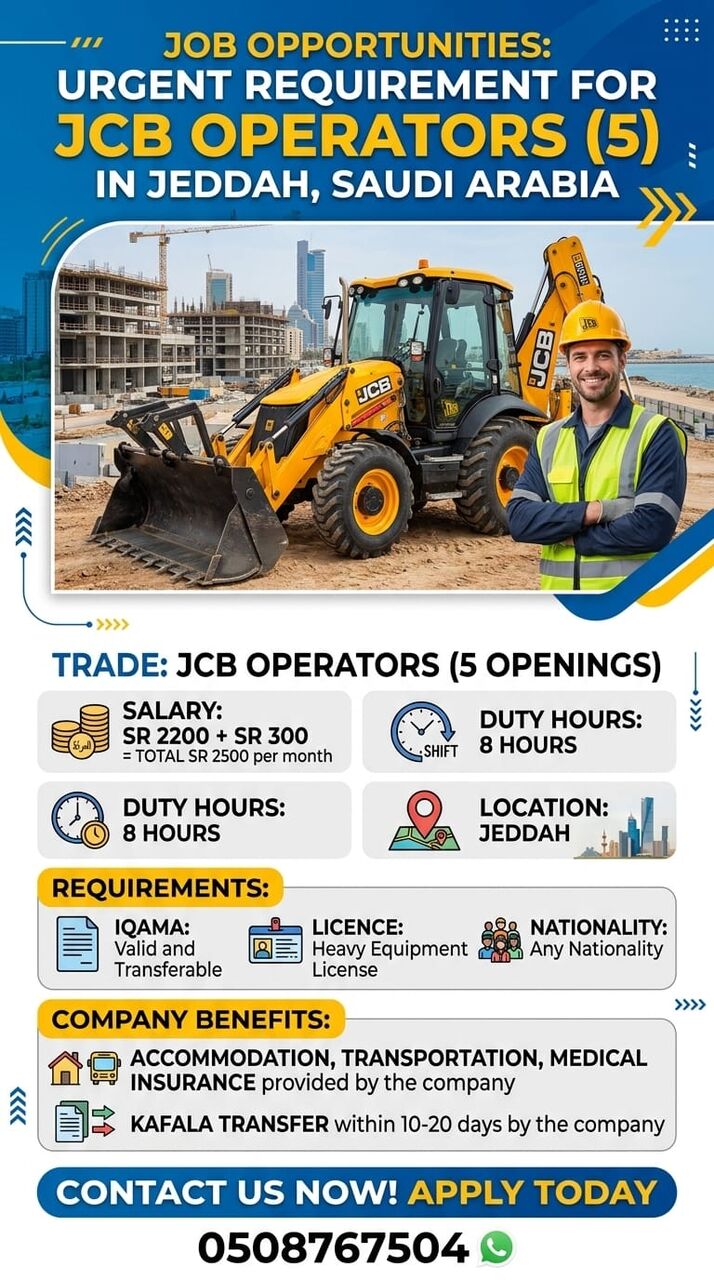 Jeddah, Jobs, Arjun Requirements For JCB Operator