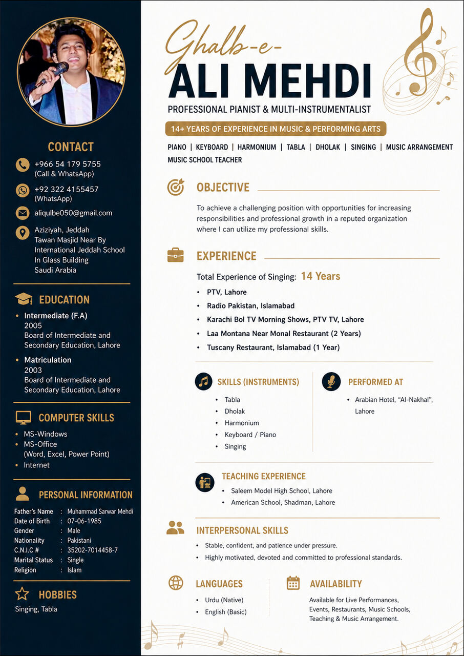 Jeddah, Job Seekers, PIANIST | KEYBOARDIST | HARMONIUM & TABLA ARTIST/ SINGER