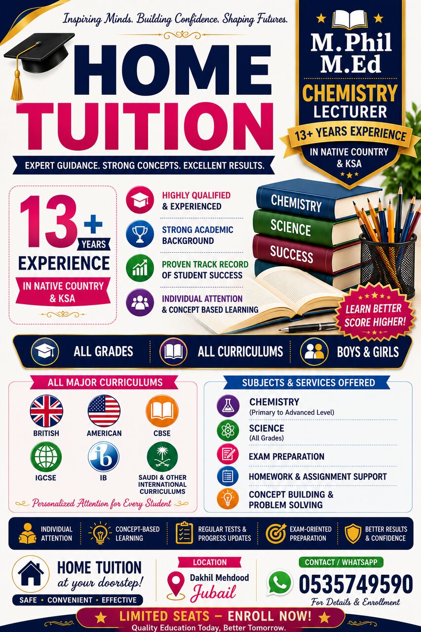 Jubail, Lessons Offered, Home Tutor For All Classes & Curriculums