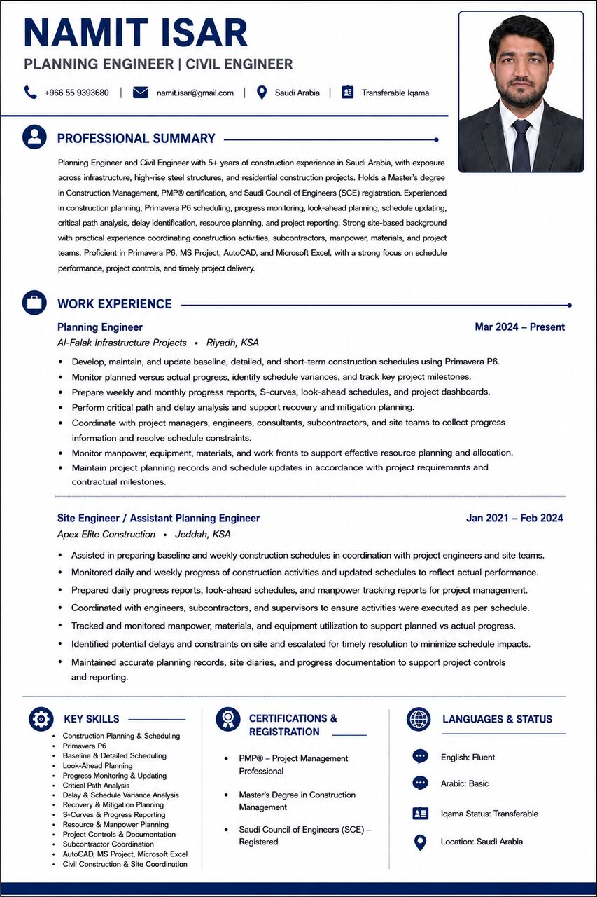 Riyadh, Job Seekers, Planning Engineer | PMP® Certified | Primavera P6 | Project Controls | SCE Member