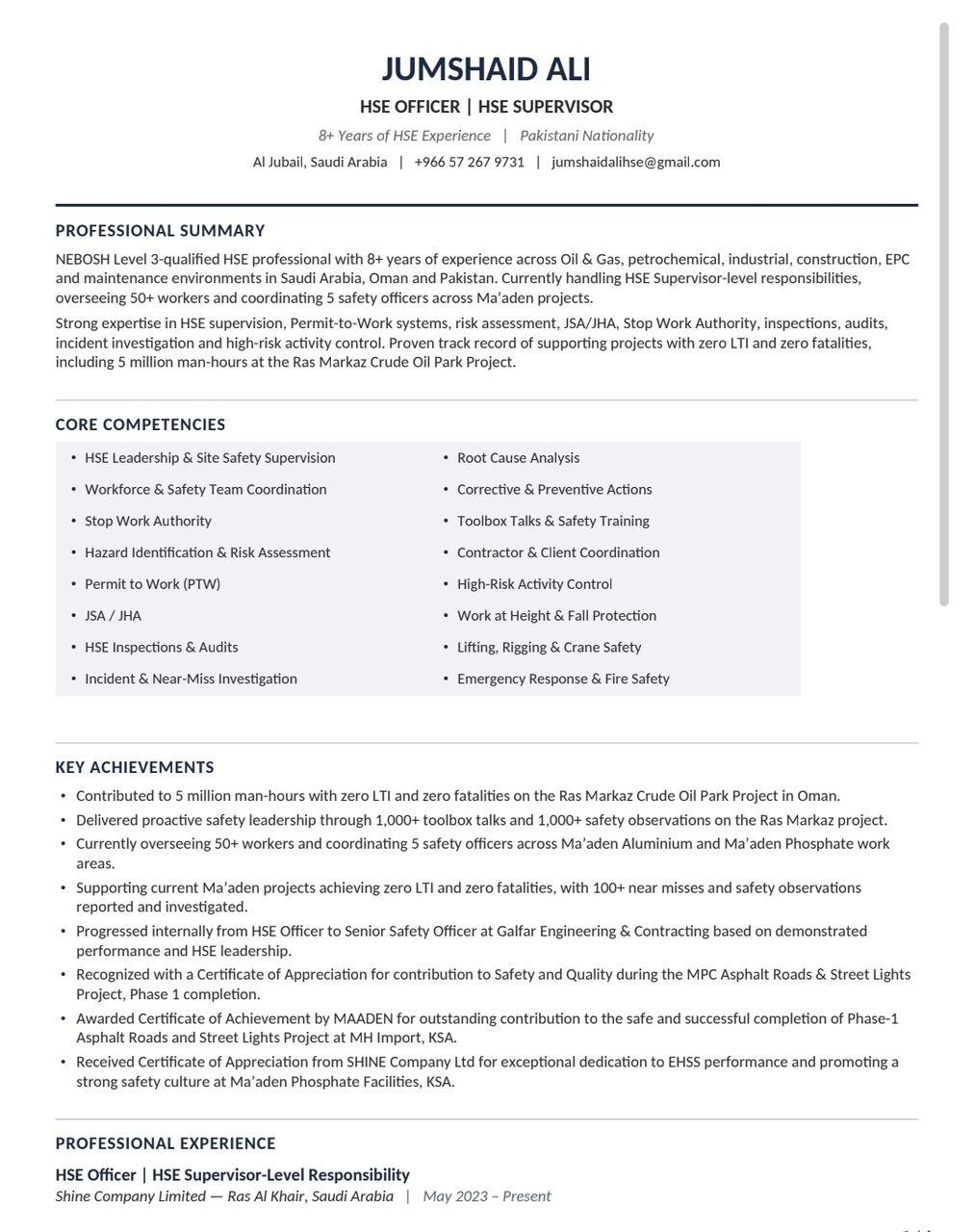 Jubail, Job Seekers, Hse Officer, Hse Supervisor