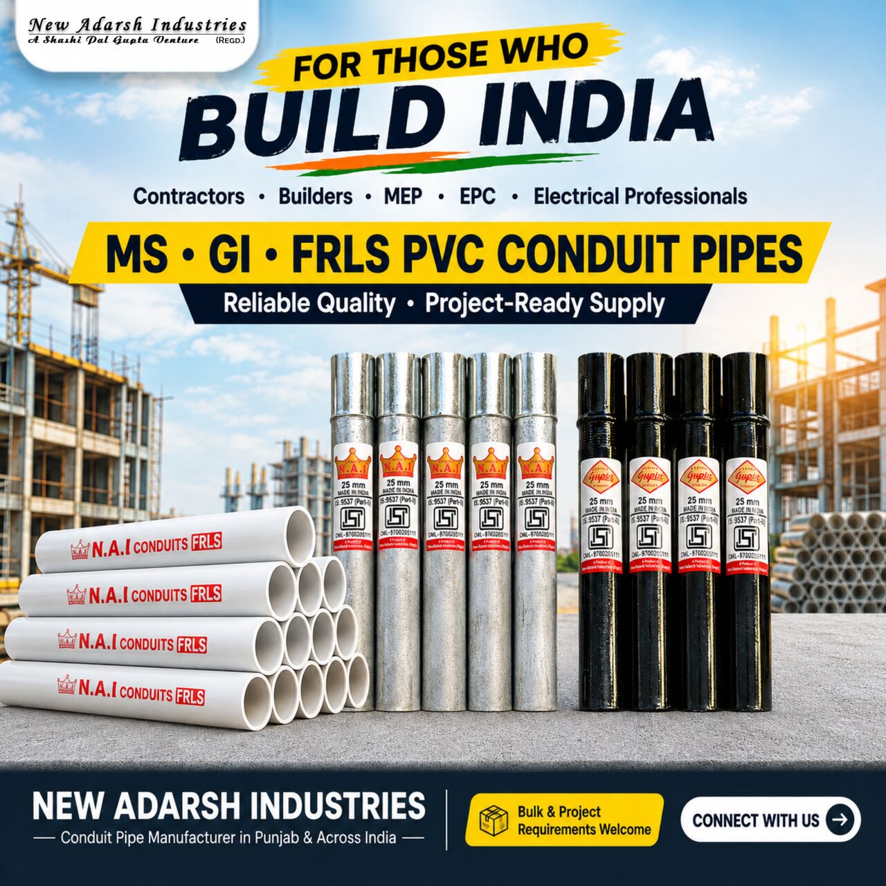 Punjab, Materials, MS, GI And FRLS PVC Conduit Pipes For Bulk And Project Requirements In India