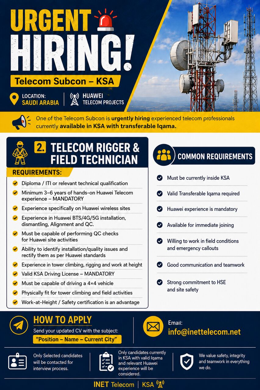 Riyadh, Jobs, TELECOM RIGGER & FIELD TECHNICIAN