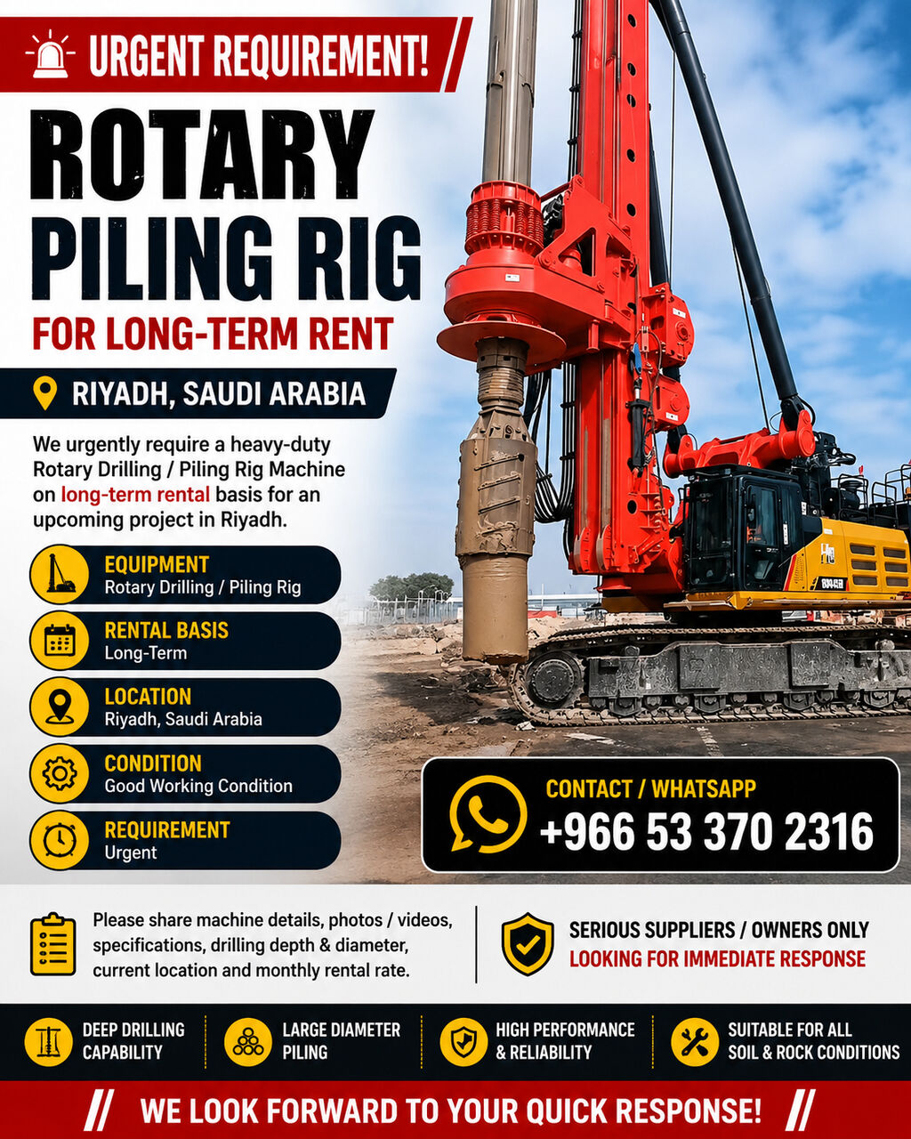 Riyadh, Jobs, URGENT REQUIREMENT &ndash; HEAVY-DUTY ROTARY PILING RIG