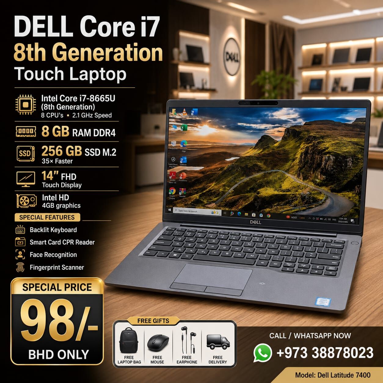 Manama, Tablet Computers, BHD 98,  DELL Core I7 8th Gen Touch Laptop 8GB RAM 256GB SSD 14" FHD Touch Display FREE GIFTS