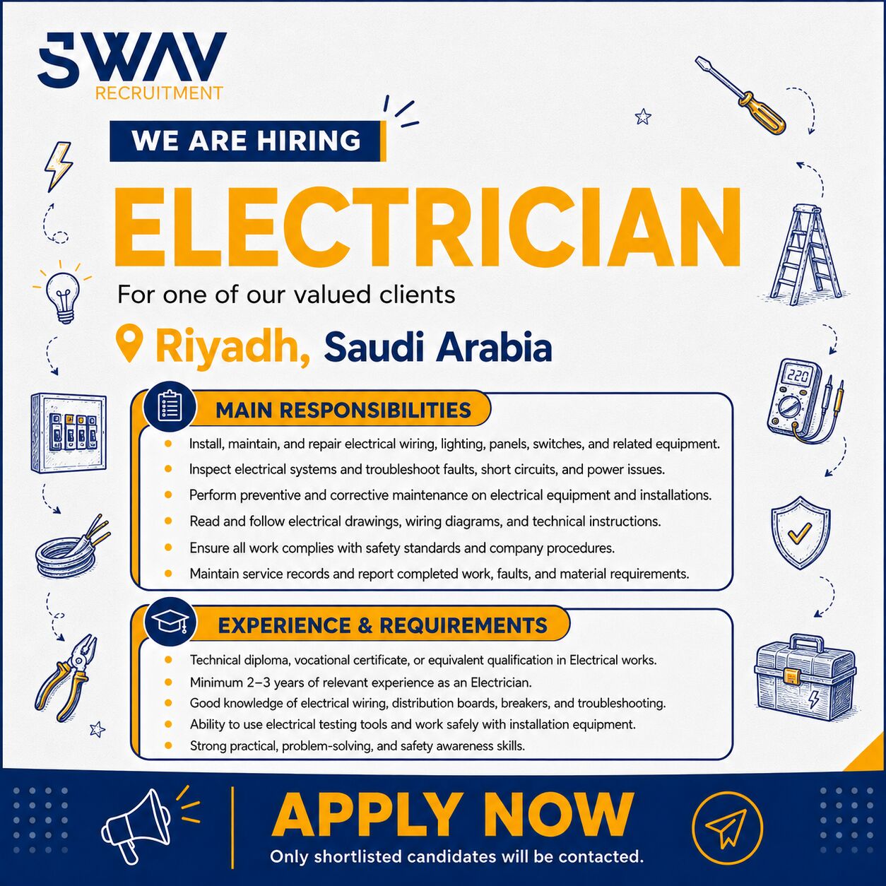 Riyadh, Jobs, WE ARE HIRING &mdash; ELECTRICIAN