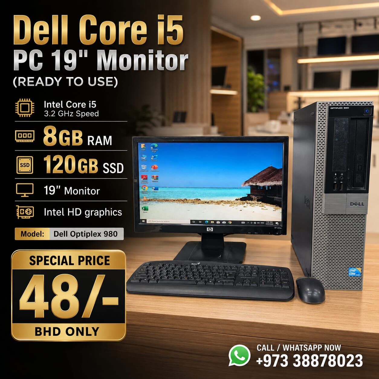 Manama, Tablet Computers, BHD 48,  DELL I5 Computer Set 8GB Ram 120GB SSD(SSD 10x Fast) With 19" Monitor Ready To Use