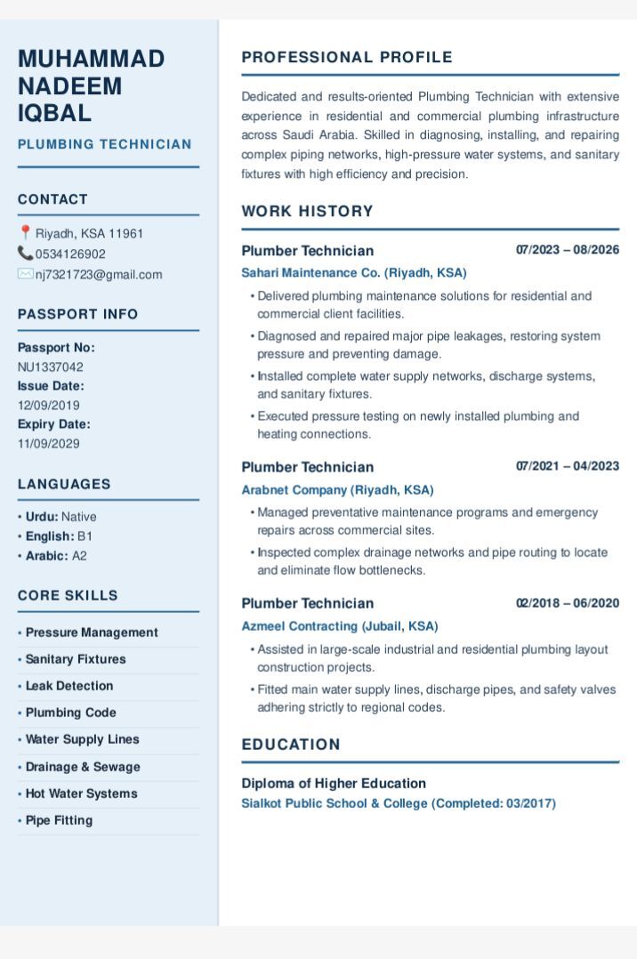 Riyadh, Job Seekers, PLUMBER