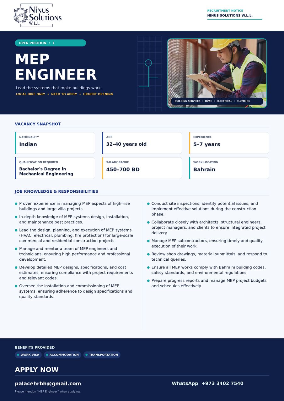 Manama, Jobs, MEP ENGINEER- LOCAL HIRE ONLY- BAHRAIN