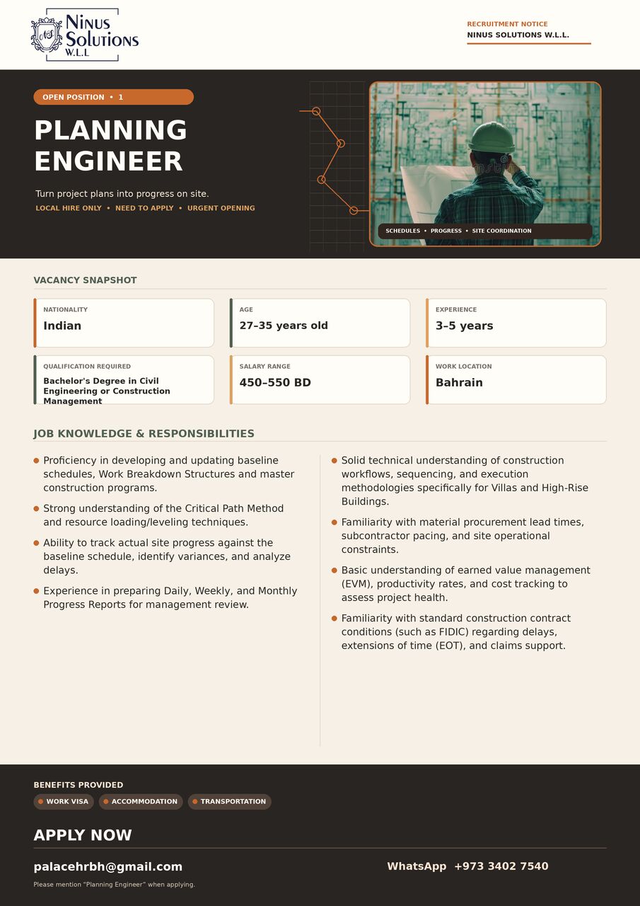 Manama, Jobs, PLANNING ENGINEER- LOCAL HIRE ONLY- BAHRAIN