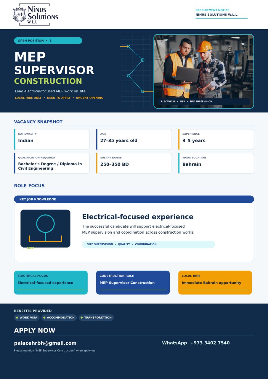 Manama, Jobs, MEP SUPERVISOR CONSTRUCTION- LOCAL HIRE ONLY- BAHRAIN