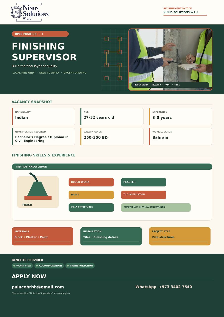 Manama, Jobs, FINISHING SUPERVISOR- LOCAL HIRE ONLY- BAHRAIN
