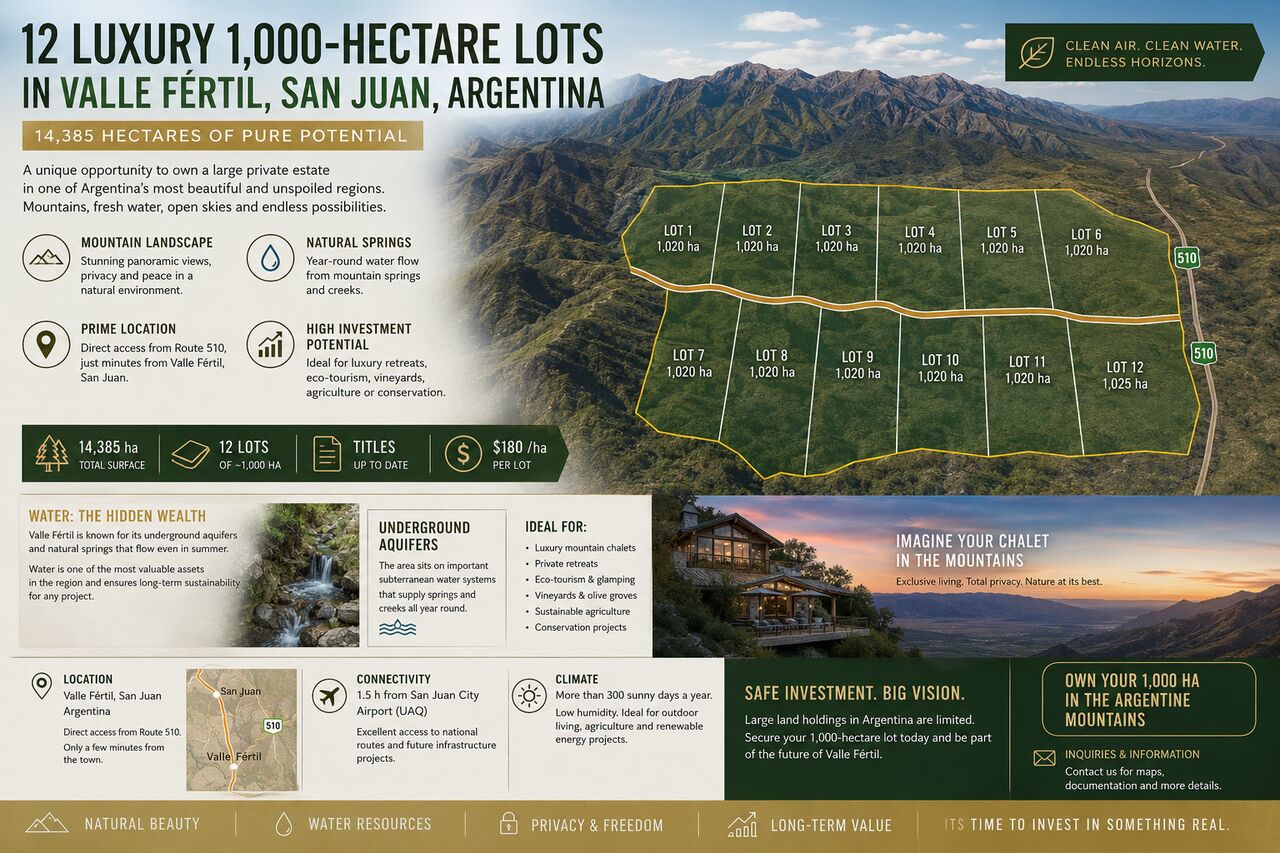 Buenos Aires, Agricultural Land, USD 190,  10000000 Sq. Meter,  1,000-Hectare Land Investment Opportunity In Valle F&eacute;rtil, San Juan, Argentina