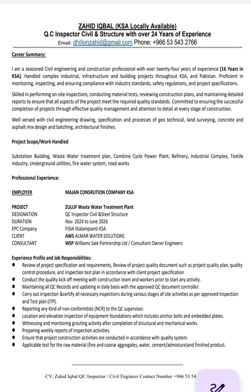 Riyadh, Job Seekers, QC Inspector/Civil Supervisor