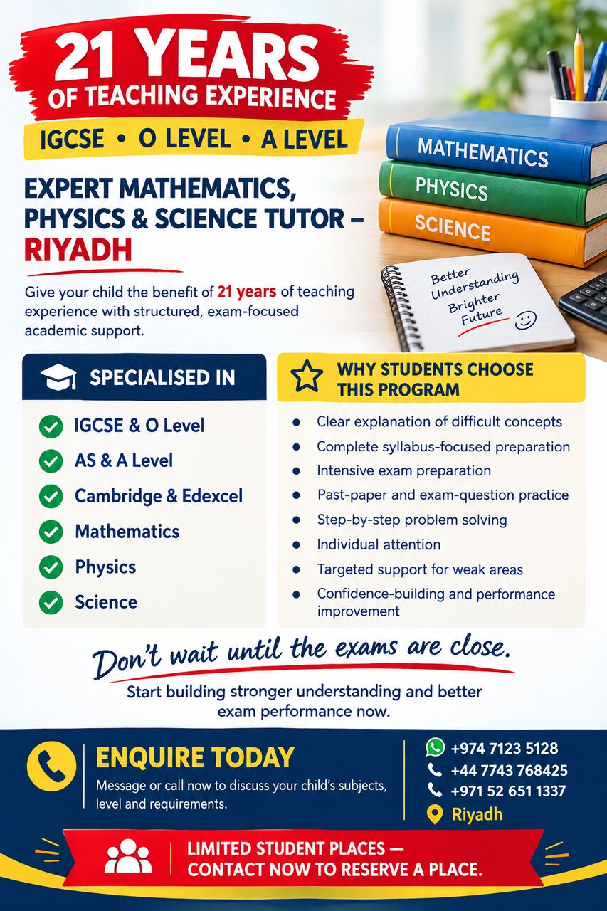 Riyadh, Lessons Offered, EXPERT MATHEMATICS, PHYSICS & SCIENCE TUTOR &ndash; RIYAD/21 Years Exp