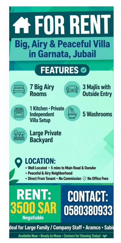 Jubail Industrial City, Villas, SAR 40000,  Furnished,  390 Sq. Meter,  FOR RENT - Brand New, Airy & Bright Villa - Garnata Area, Jubail