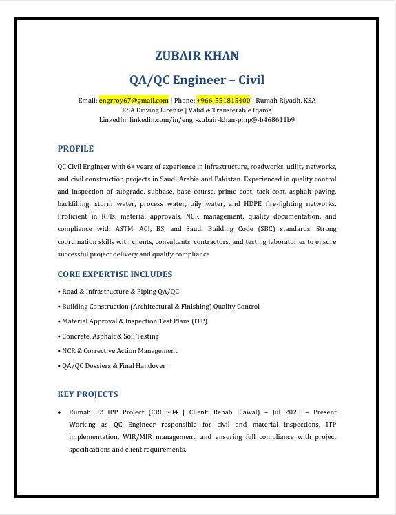 Riyadh, Job Seekers, QA/QC Civil Engineer
