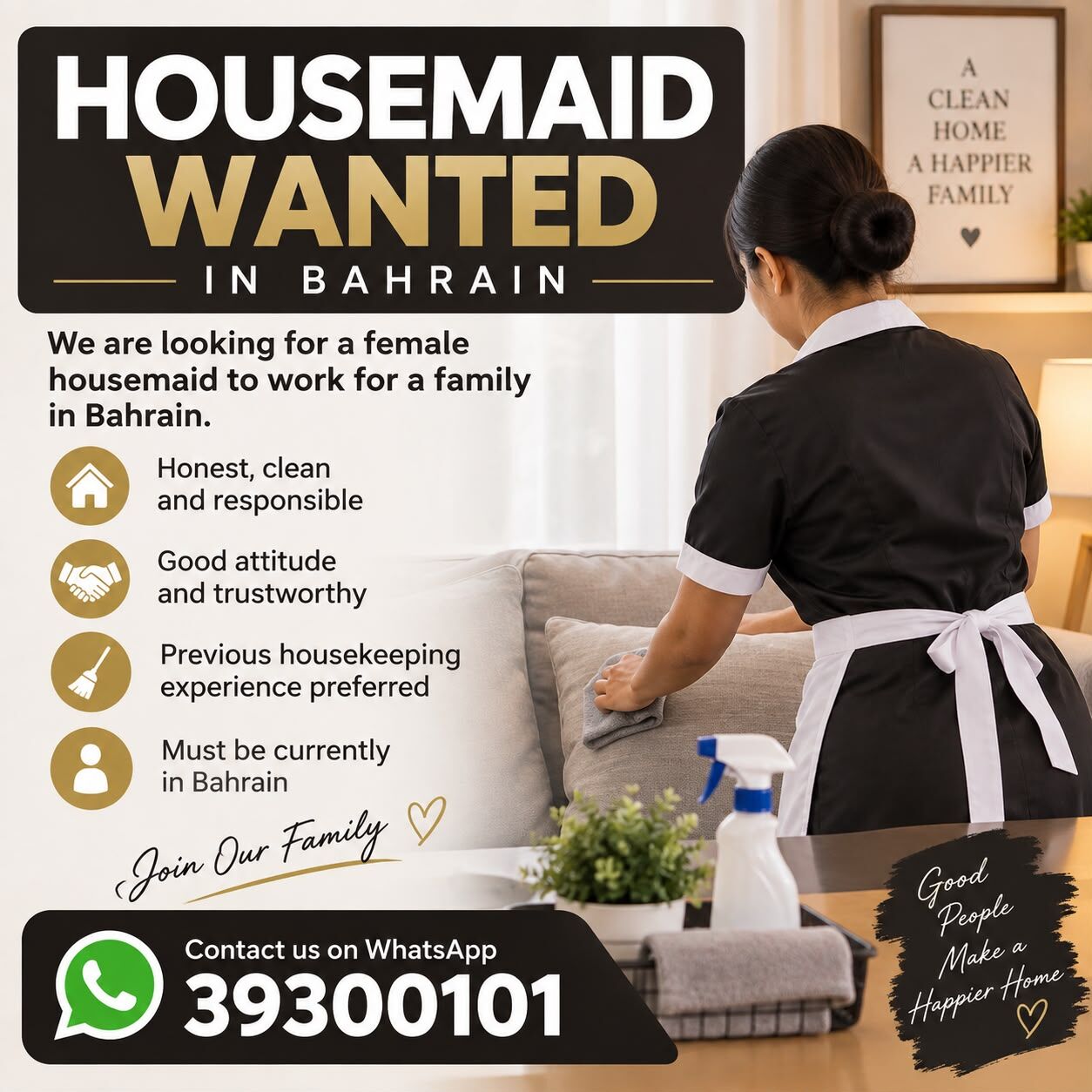Riffa, Jobs, URGENTLY REQUIRED &ndash; HOUSEMAID